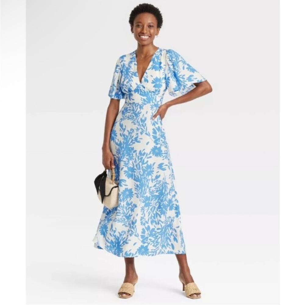 A New Day short sleeve sundress maxi  with Blue Leaf Print